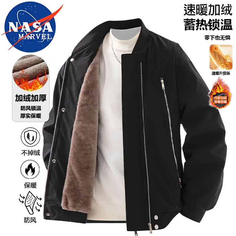 NASA MARVEL Jacket Men's Autumn and Winter Casual Versatile Warm Outdoor Sports Simple Plush Jacket Top Burgundy 3XL
