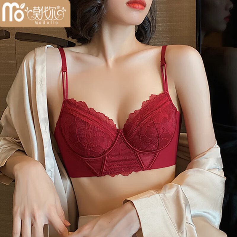 Modal French lace thin underwear for women with soft steel rings for big breasts, small breasts, and secondary breasts, natal year burgundy bra set burgundy (bra set) 80C 38/85 (suitable for 85AB)