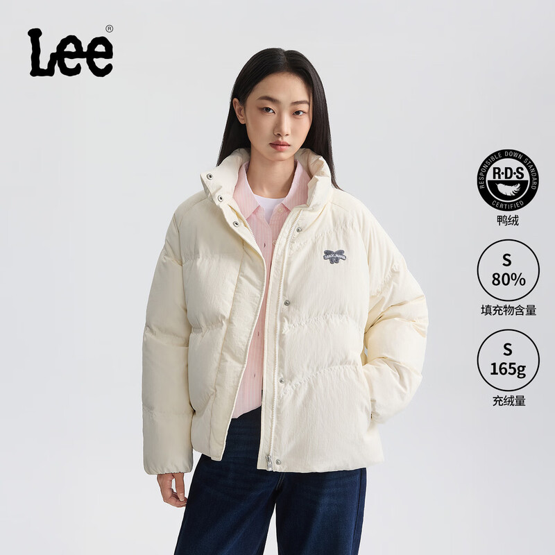 Lee25 new autumn and winter comfortable version stand-up collar raglan sleeves small logo logo women's down jacket off-white M