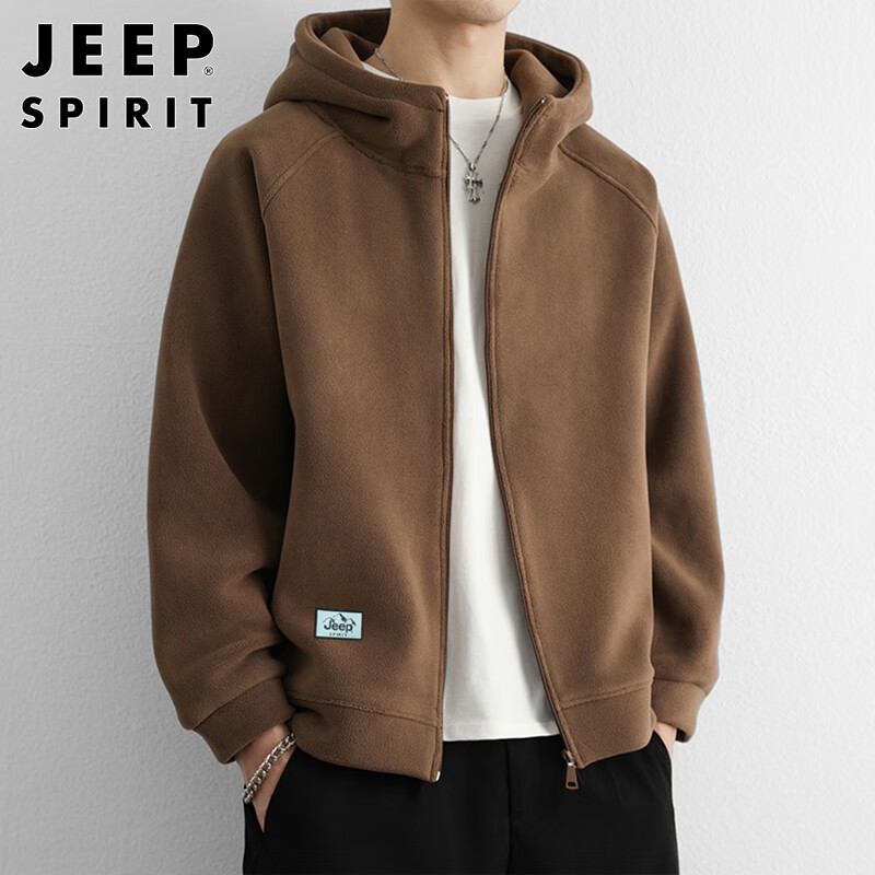 JEEP SPIRIT Jeep Polar Fleece Hooded Jacket Men's Winter Trendy Loose Sports Cardigan Sweatshirt Men's Coffee XL