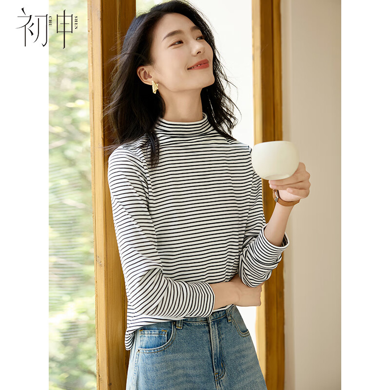Chushen autumn and winter thick long-sleeved T-shirt women's striped half turtleneck versatile warm base shirt top S144S3004