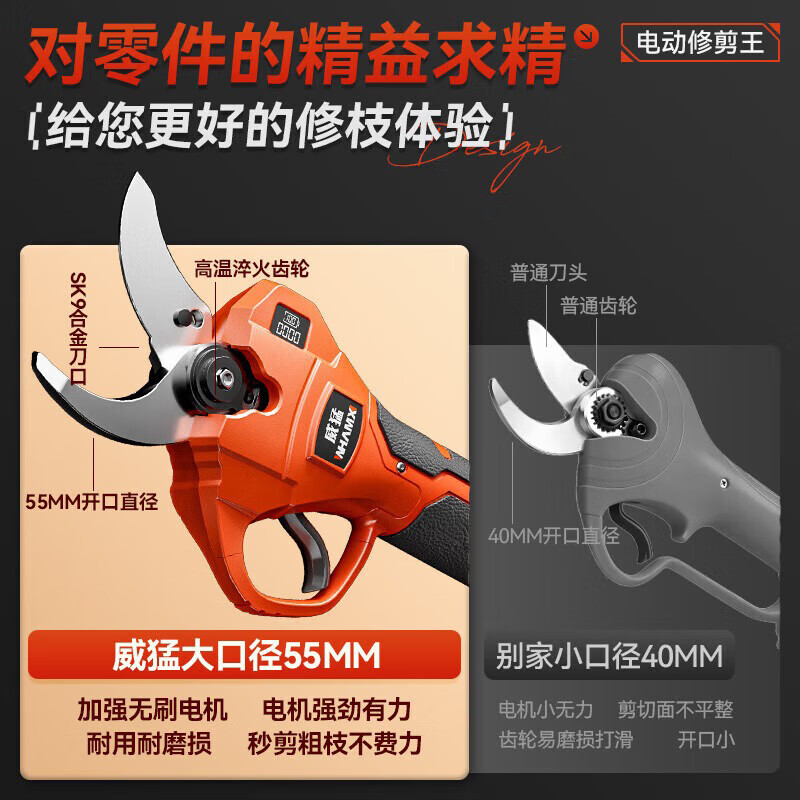 Powerful electric scissors for cutting branches, lithium battery garden scissors, pruning shears for fruit trees, heavy cutting opening 5.5CM, two batteries and one charge