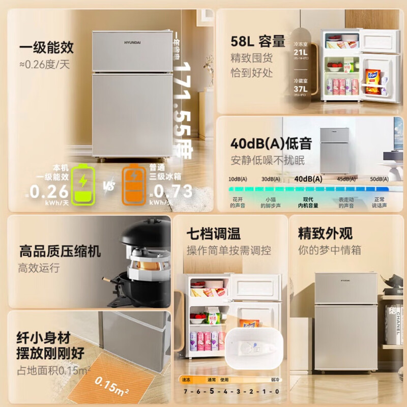 Midea's same modern refrigerator, 20% subsidy for home appliances, small refrigerator, first-class energy efficiency, power-saving, home car, silver 58 liters, popular model, first-class performance, 58 liters, door-to-door delivery, first-class performance, one-year warranty