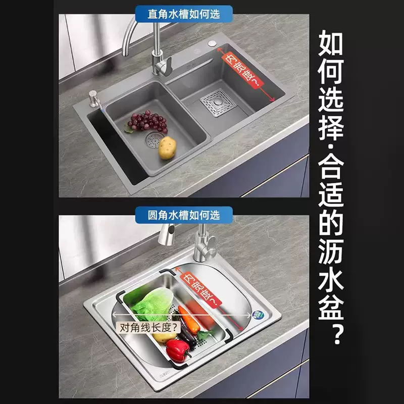 Yusenyi household gun black stainless steel sink drain basket thickened drain basin embossed basin middle basin removable small single basin A style brushed stainless steel drain basin outer diameter size 32.5x25x10