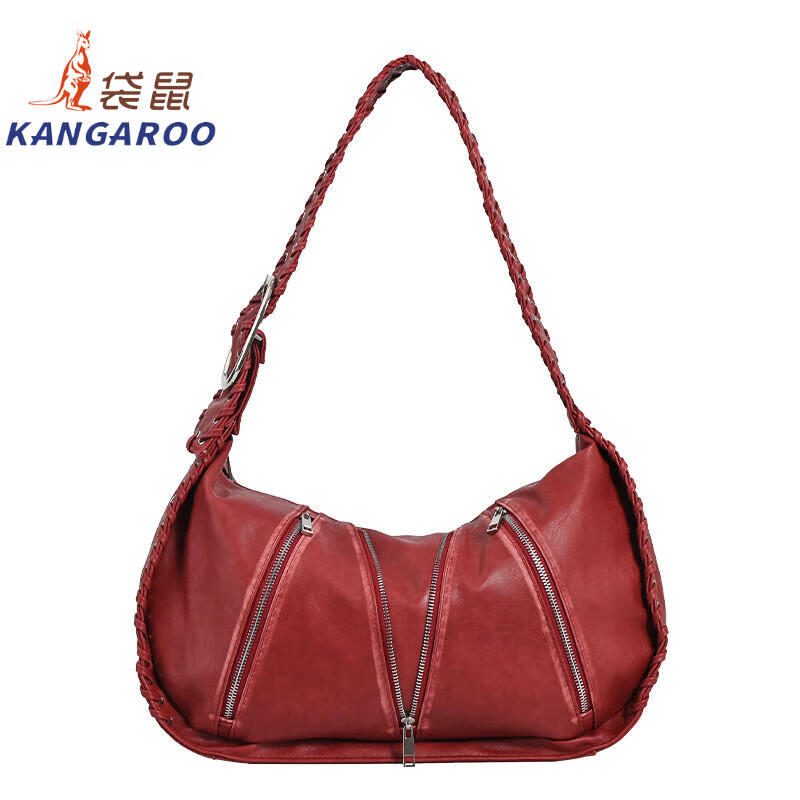 Kangaroo (KANGAROO) new retro woven pattern red armpit bag women's commuter shoulder bag large capacity design niche new bag rub color brown