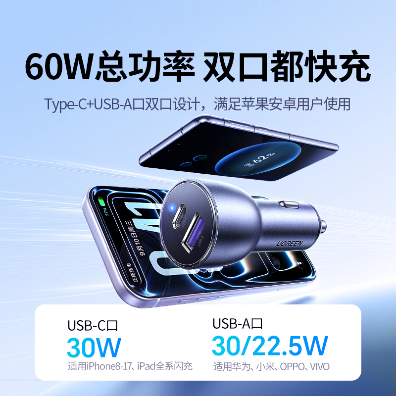 Greenlink car charger super fast charging dual port 60W car cigarette lighter charging head converter plug one to two PD30W suitable for Apple 17 Huawei Xiaomi