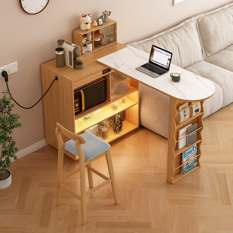 Huili's customized sideboard integrated solid wood Japanese style retractable telescopic folding dining table narrow island table home living room partition cabinet upgraded all solid wood bar cabinet + slate table with sensor light assembly frame structure