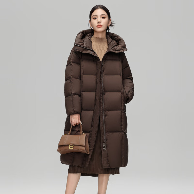 Xue Zhongfei's new women's dopamine age-reducing fashion long hooded down jacket is warm and thickened, wind-resistant and casual, dark brown|7128 M/165/88A