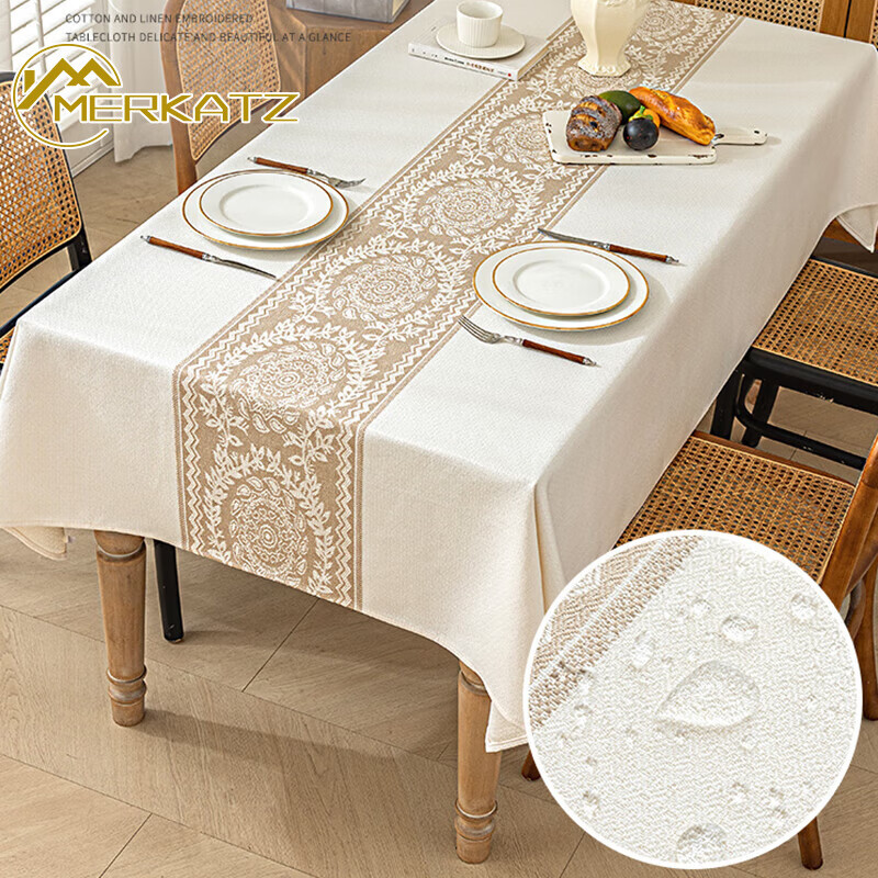 Merkatz embroidered light luxury thickened cotton and linen tablecloth no-wash waterproof simple tablecloth coffee table fabric rectangular table mat new style garland-coffee flat edge 100*160CM