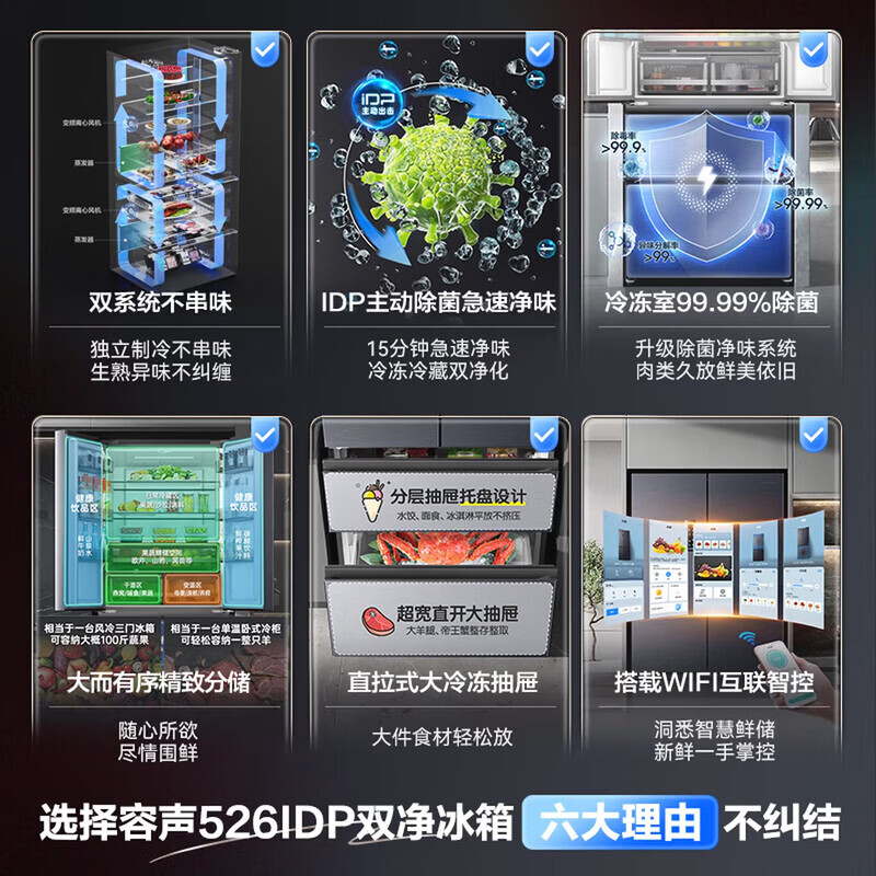 Rongsheng refrigerator 526 liters IDP double purification dual system double cycle French multi-door four-door refrigerator first-class energy efficiency air-cooled frost-free energy-saving large capacity trade-in national subsidy active sterilization + dual system odor purification-BCD-526WD1MPA