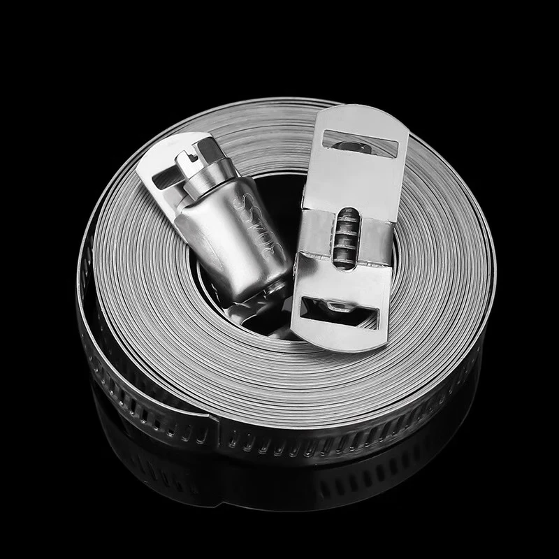 Jinchao 304 stainless steel homemade American hose hoop clamp large pipe clamp perforated steel belt pipe hoop coiled strap 2 meters + 5 hoop heads (1 set) 304