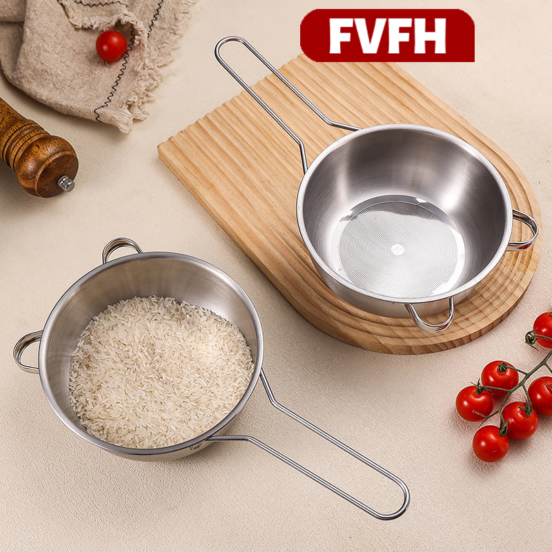 FVFH German stainless steel washing dish artifact rice washing sieve rice washing basin fine hole filter spoon kitchen sink draining fruit basket rice washing artifact 1 pack stainless steel rice washing sieve