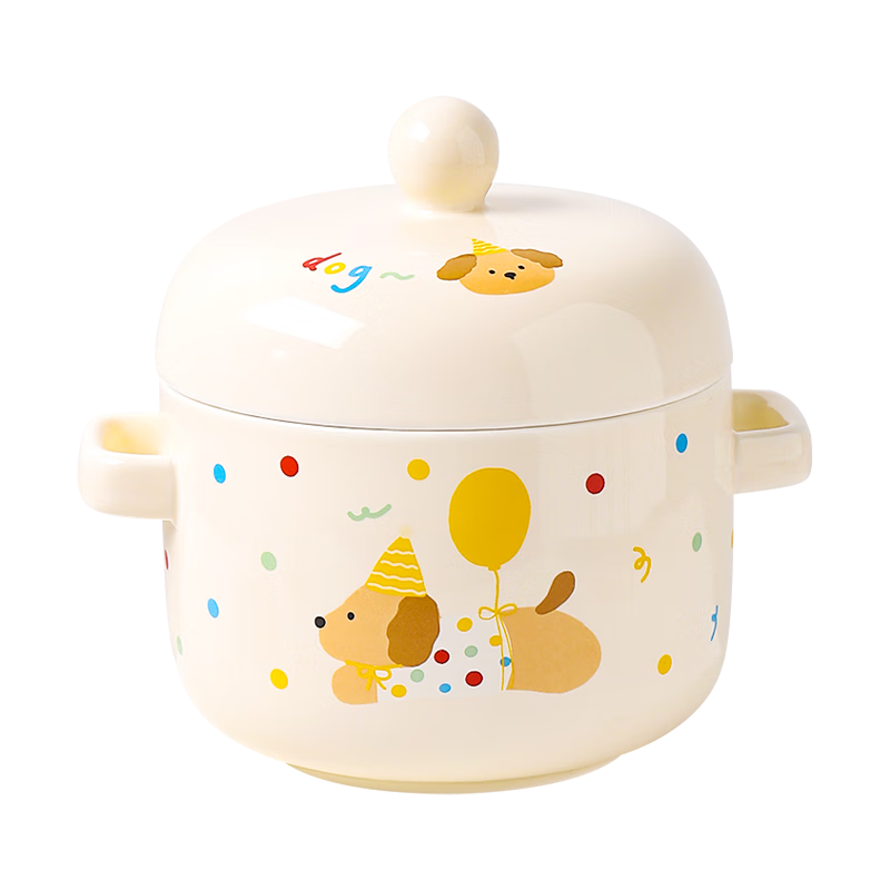 Kawashimaya stew pot, water-proof stew household ceramic pot with lid, special bowl for soup and steamed egg custard, small stew pot for one person, double ear stew pot 550ml-Apple Dog
