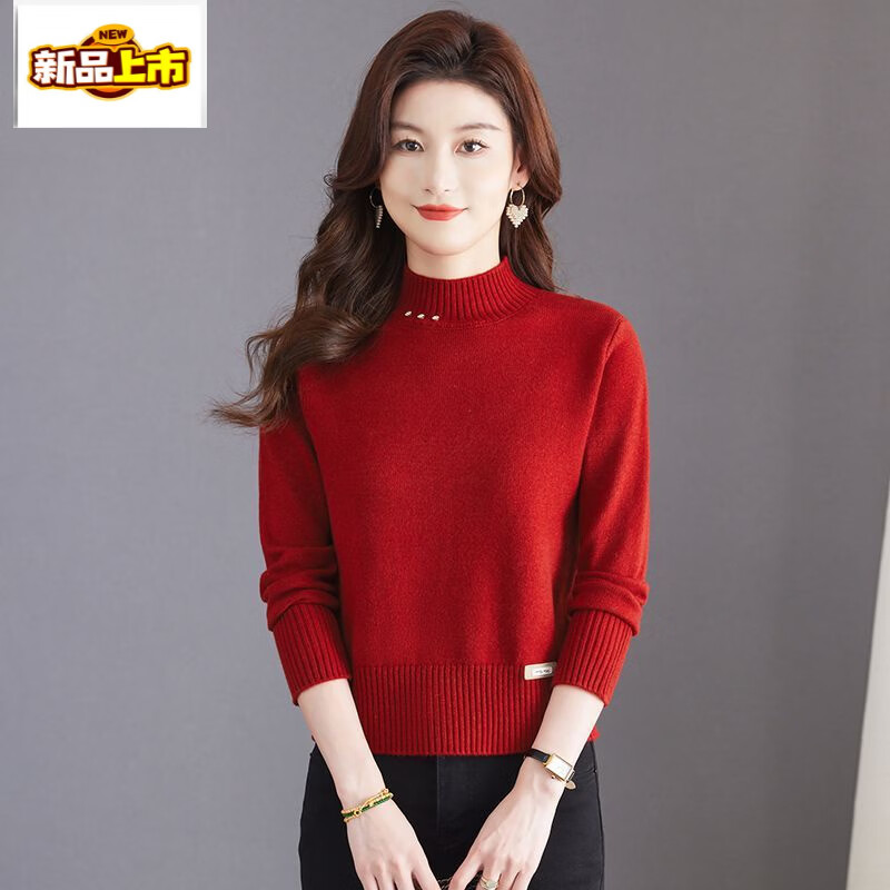 Chu Jing Cardigan Women's Half Turtleneck Sweater Small Short High Waist Bottoming Sweater Autumn and Winter Style Skirt Sweater Red XL (Recommended 118-128 catties)