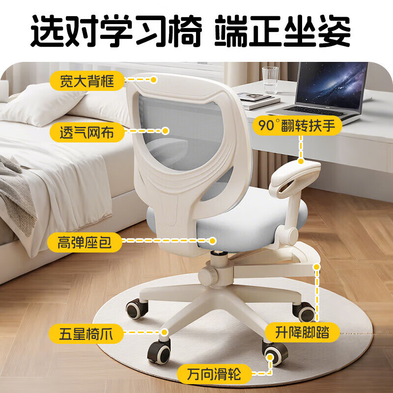 Household student learning chair, children's liftable writing chair, computer seat, desk and chair combination, essential posture correction and spine protection, universal wheel + foot pedal + gravity wheel, Clear Sky Powder