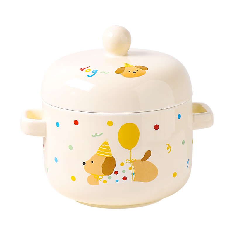 Kawashimaya stew pot, water-proof stew household ceramic pot with lid, special bowl for soup and steamed egg custard, small stew pot for one person, double ear stew pot 550ml-Apple Dog