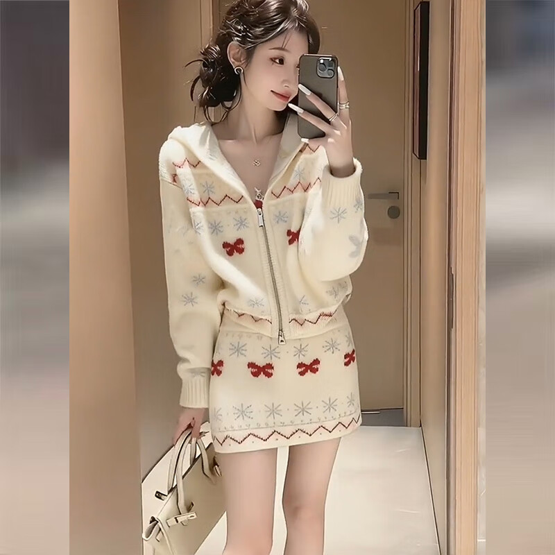 Koranna Christmas skirt autumn and winter white knitted sweater suit for women 2025 new style lazy style top and skirt two-piece set white suit one size (80-130 pounds)