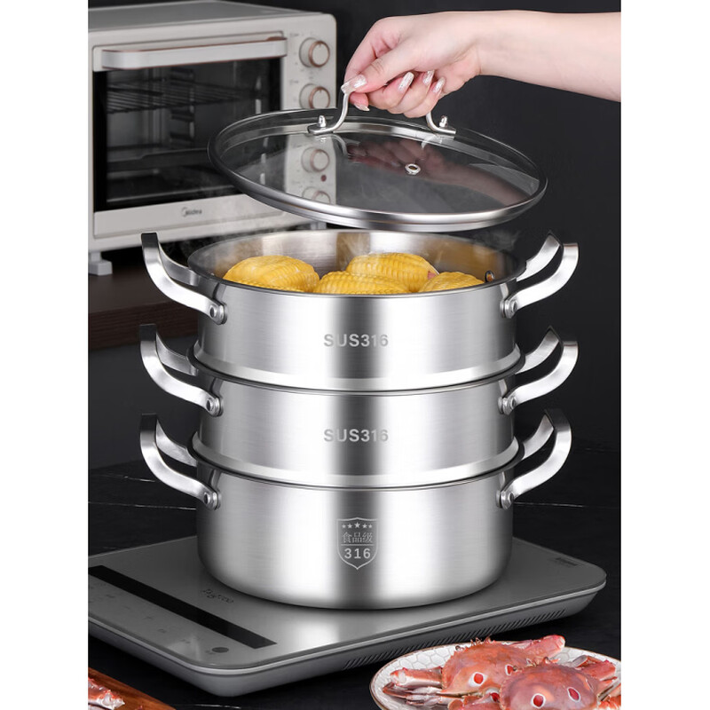 Tuojin German imported quality 316 stainless steel three-layer steamer thickened household 3-layer 2 steamer multi-layer induction cooker for steamed buns 3 extra thick 316 stainless steel two layers_one bottom pot, one steaming grid and one lid 26cm free gift