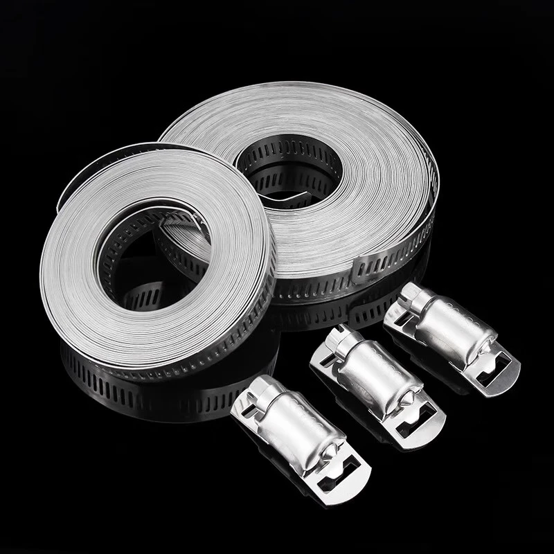 Jinchao 304 stainless steel homemade American hose hoop clamp large pipe clamp perforated steel belt pipe hoop coiled strap 2 meters + 5 hoop heads (1 set) 304