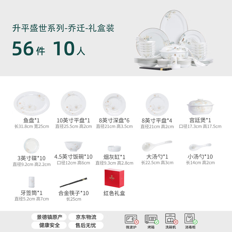 Jingdezhen (jdz) ceramic tableware bowl and plate set for home relocation Chinese high-end white porcelain tableware set Spring Festival gift box for peace and prosperity