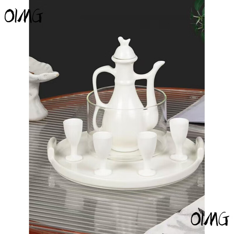 OIMG Jingdezhen wine warmer candle holder heating household ceramic wine set yellow and white wine hot pot wine divider wine pot bamboo base wine warmer set + candle iron shell (three money cup)