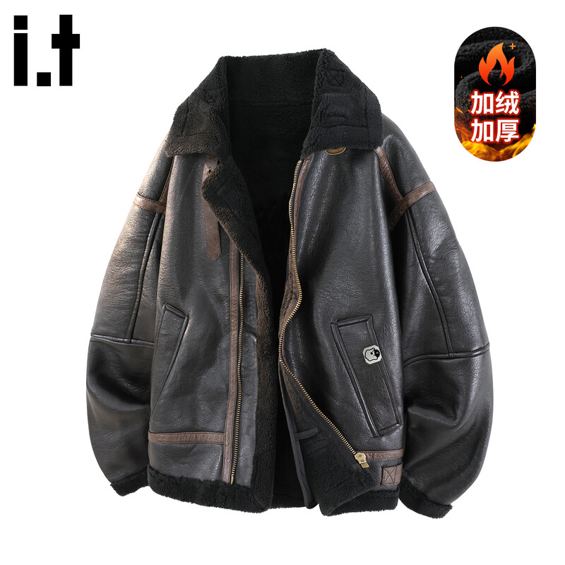 CHOCOOLATEit lamb fur jacket men's patchwork plus velvet thickened warm stand-up collar cotton jacket black M