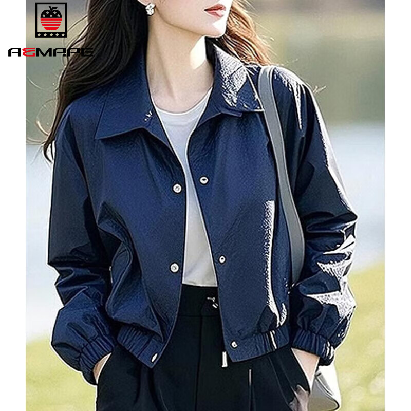 AEMAPE Fashion Short Women's Jacket Jacket for Women Spring and Autumn 2025 New Spring Loose Casual Thin Small Top Dark Blue L_Recommended 105-120 catties