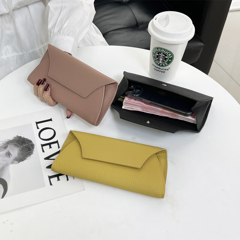 OTHER/Other genuine leather ultra-thin simple long version wallet for women 2024 new versatile pure cowhide wallet for mobile phone clutch khaki first layer cowhide