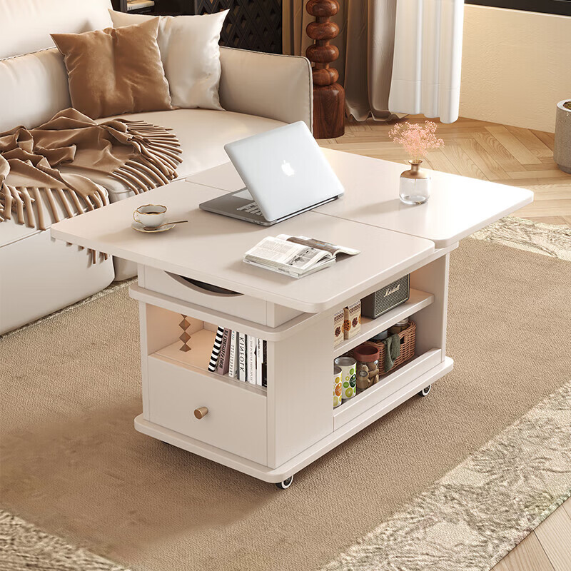 Sofa side table, movable coffee table, small living room side cabinet, multi-functional tea table, lifting and folding solid wood corner table, walnut+white, with lift 700*400*546