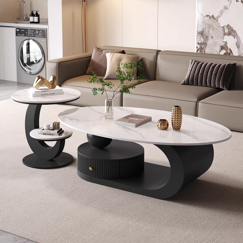 Cream style light luxury slate oval coffee table small apartment modern simple minimalist living room home high-end design black + fish belly white 120 single coffee table