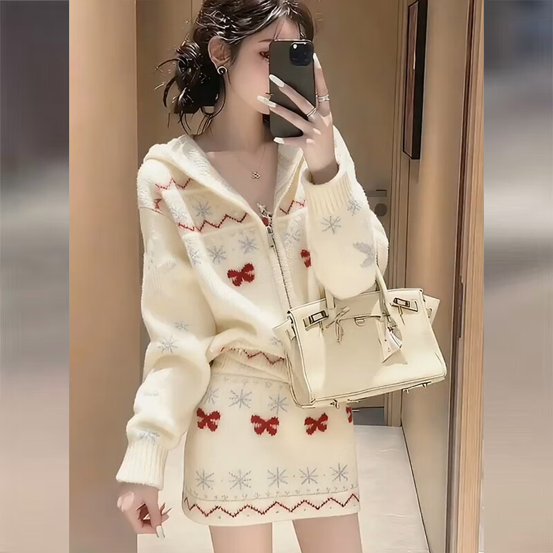 Koranna Christmas skirt autumn and winter white knitted sweater suit for women 2025 new style lazy style top and skirt two-piece set white suit one size (80-130 pounds)