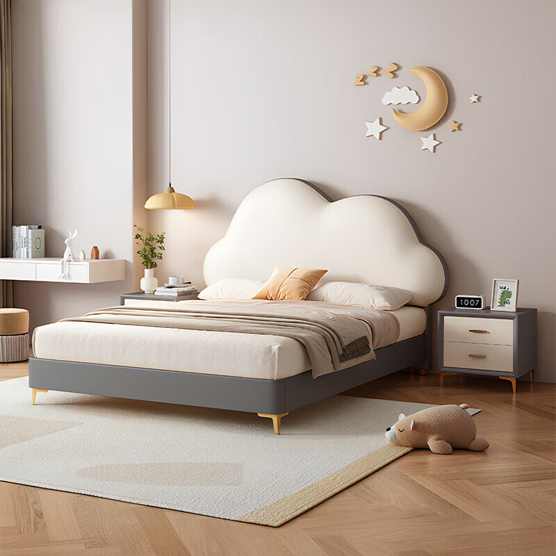 Children's bed girl 1.2m leather bed single Nordic 1.8m simple double bed storage princess bed cloud bed bed + T333 fully disassembled latex mattress + 1 cabinet + delivery and installation 1.35m * 2.0m three pumps + air pressure structure