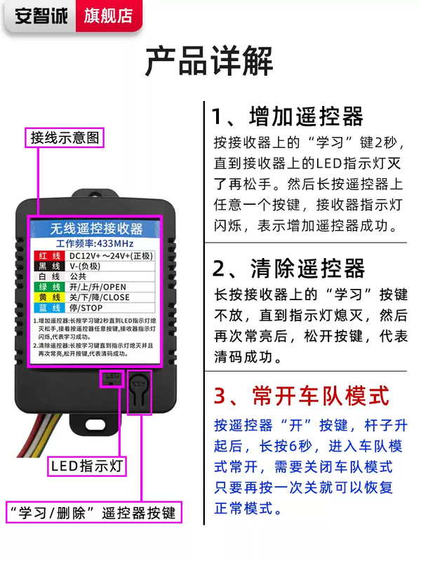 XMSJ smart gate machine remote control receiving module access control swing gate external external wireless long-distance remote control switch 12V24V black receiver + receiving head + 2 2210 remote controls M433