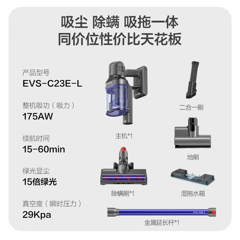 SUPOR home wireless handheld long-lasting vacuum cleaner with large suction, high power, wide angle, giant screen, long-distance green light display, dust removal, mite removal, suction and mopping, pet hair anti-tangle C23E