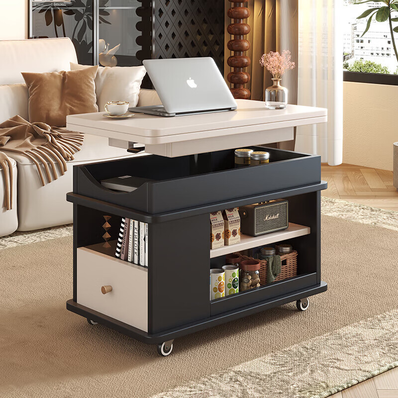 Sofa side table, movable coffee table, small living room side cabinet, multi-functional tea table, lifting and folding solid wood corner table, walnut+white, with lift 700*400*546