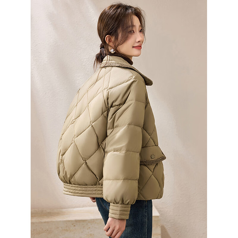 Fabesa brand small fragrant style short thin down jacket for women 2026 new winter small thin fashion jacket gray bean green S