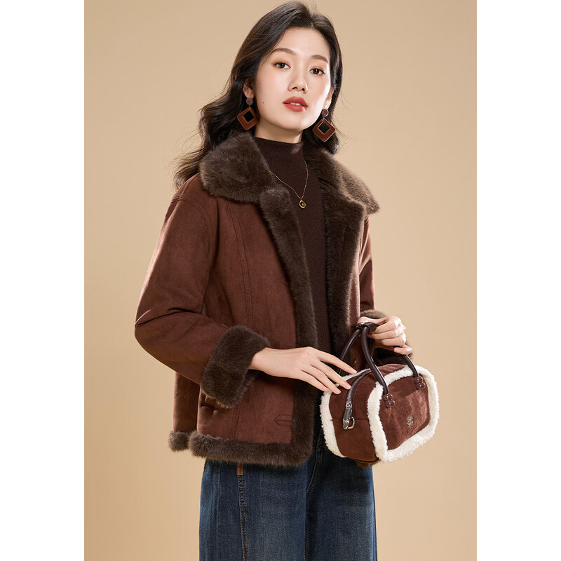 Kerber plus velvet warm lapel short coat for women winter 2025 Maillard atmosphere single-breasted imitation fur jacket M