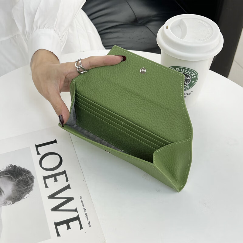 OTHER/Other genuine leather ultra-thin simple long version wallet for women 2024 new versatile pure cowhide wallet for mobile phone clutch khaki first layer cowhide