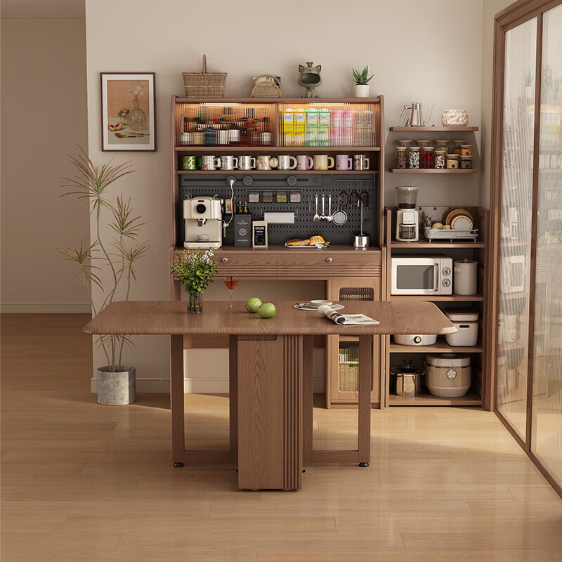 Isabel foldable dining table and side cabinet integrated wall-mounted small household solid wood dining table and chairs, antique style living room storage wine cabinet, single cabinet | 8000W guide rail socket, can be embedded in the storage dining table