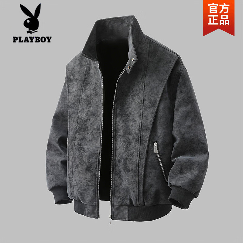 Playboy (PLAYBOY) Jackets for Men and Women Spring and Autumn American Retro Baseball Collar Casual Loose Maillard Washed Leather Jacket Men Gray High Quality L