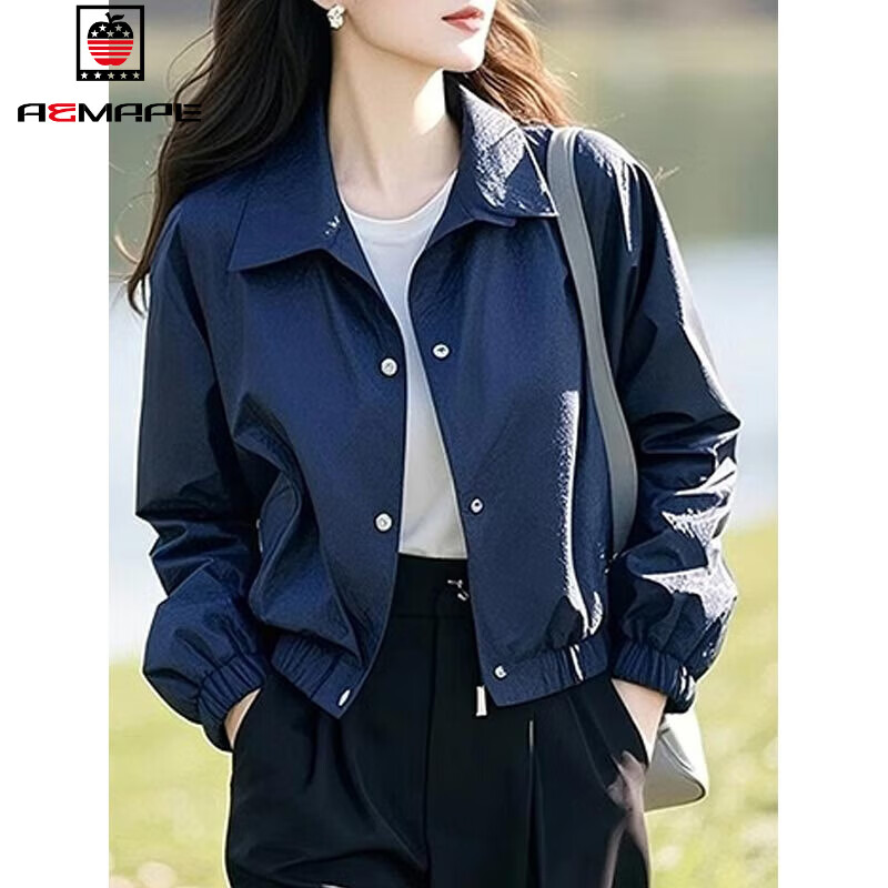 AEMAPE Fashion Short Women's Jacket Jacket for Women Spring and Autumn 2025 New Spring Loose Casual Thin Small Top Dark Blue L_Recommended 105-120 catties