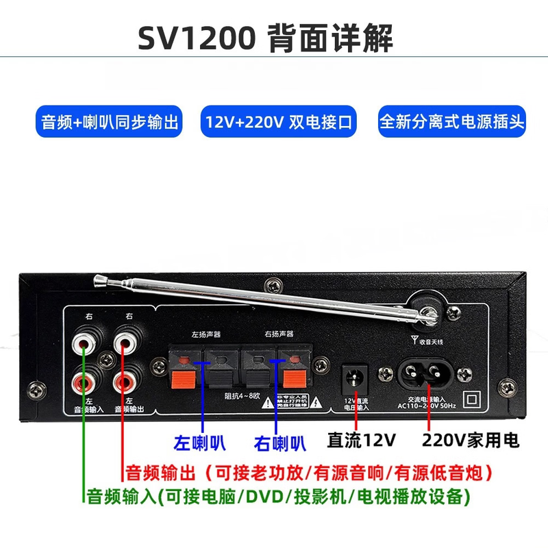 SUNBUCK 5-channel power amplifier home high-power professional karaoke fever heavy bass 7.1 digital coaxial 5.4 Bluetooth Shanyu SV-1200 car dual power supply 2 channels