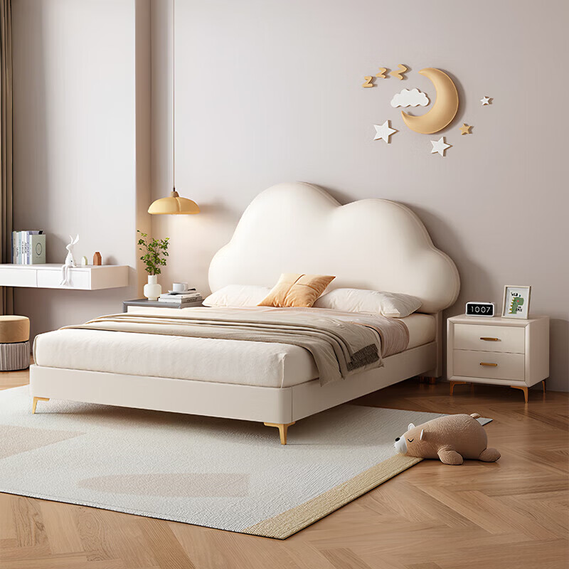 Children's bed girl 1.2m leather bed single Nordic 1.8m simple double bed storage princess bed cloud bed bed + T333 fully disassembled latex mattress + 1 cabinet + delivery and installation 1.35m * 2.0m three pumps + air pressure structure