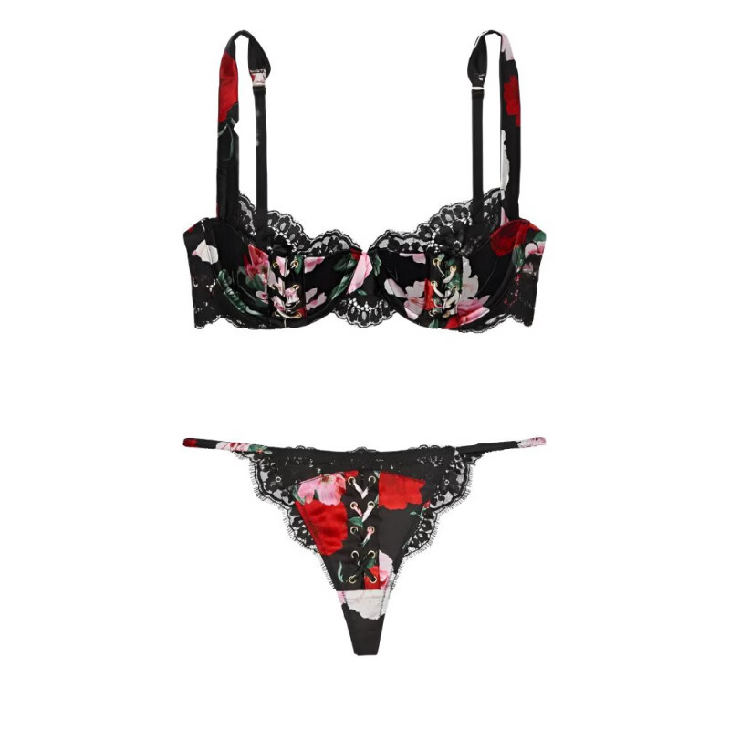 Victoria's Secret U-shaped all-over printed comfortable and simple bra low-waisted T-shaped soft underwear underwear set for women Suit (Black) S 34C+(75C+S)