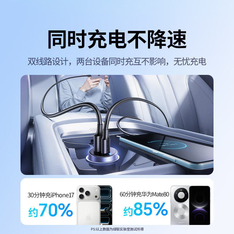 Greenlink car charger super fast charging dual port 60W car cigarette lighter charging head converter plug one to two PD30W suitable for Apple 17 Huawei Xiaomi