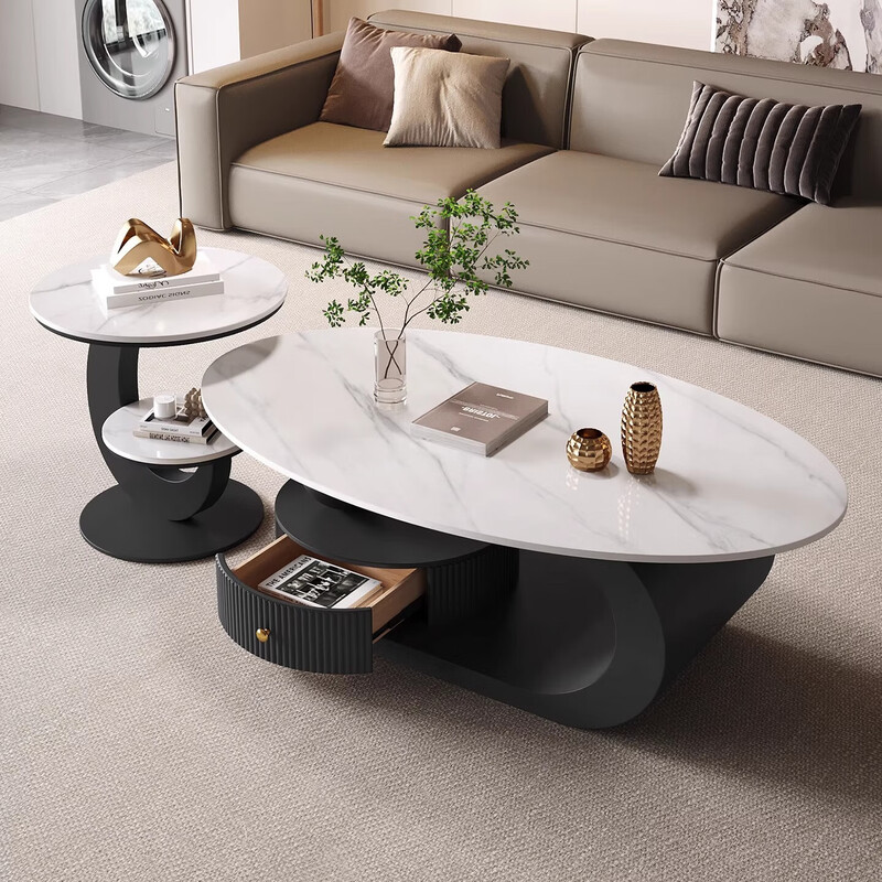 Cream style light luxury slate oval coffee table small apartment modern simple minimalist living room home high-end design black + fish belly white 120 single coffee table