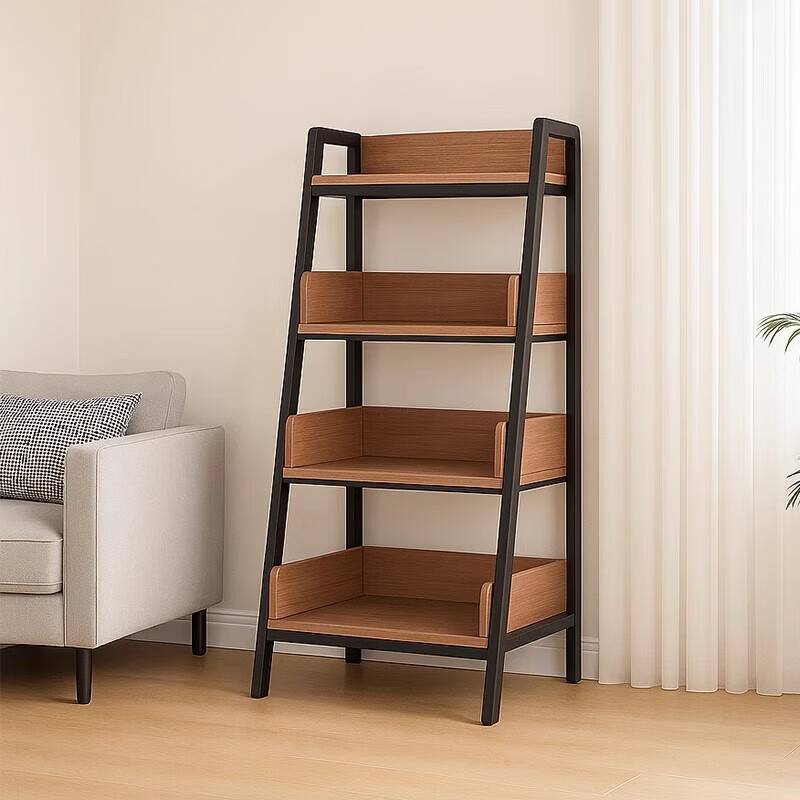 Bookshelf floor-standing storage rack movable iron bookcase study storage storage cabinet integrated wall-mounted desk side shelf four-layer bold and thickened haze wood color 51cm