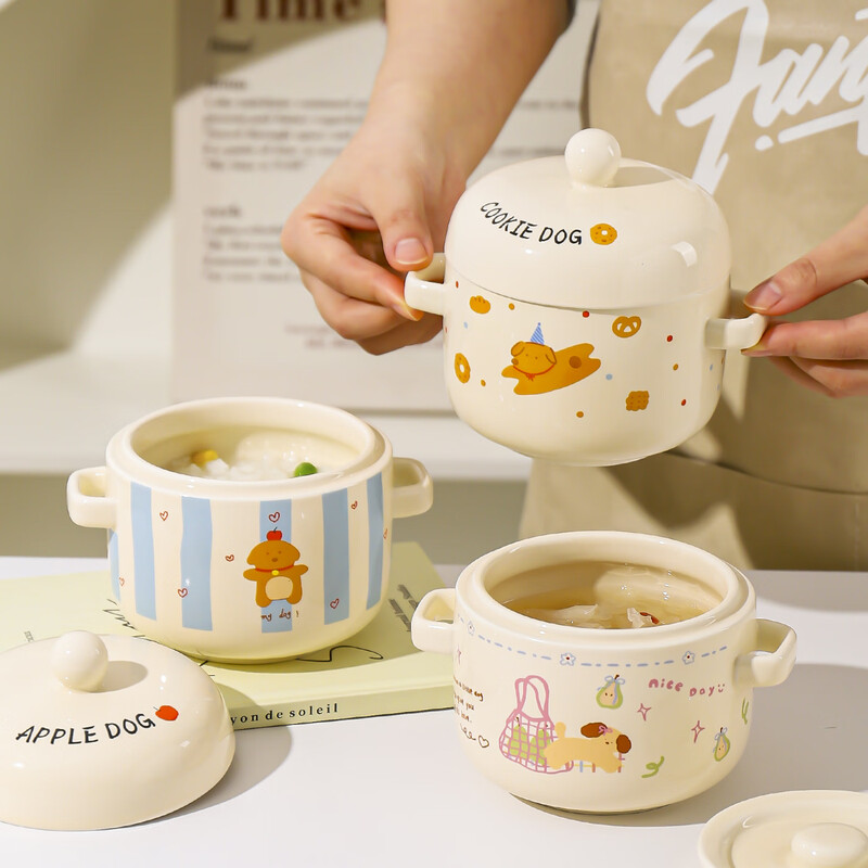 Kawashimaya stew pot, water-proof stew household ceramic pot with lid, special bowl for soup and steamed egg custard, small stew pot for one person, double ear stew pot 550ml-Apple Dog