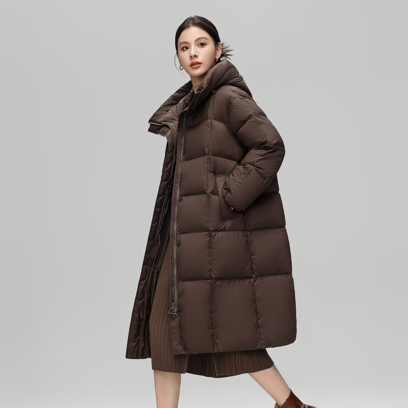 Xue Zhongfei's new women's dopamine age-reducing fashion long hooded down jacket is warm and thickened, wind-resistant and casual, dark brown|7128 M/165/88A
