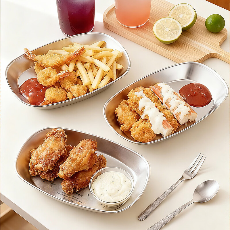 Chinese style cartoon snack plate 304 stainless steel household food preparation plate outdoor camping French fries fried chicken fried food plate blank model cartoon dinner plate (304 stainless steel)